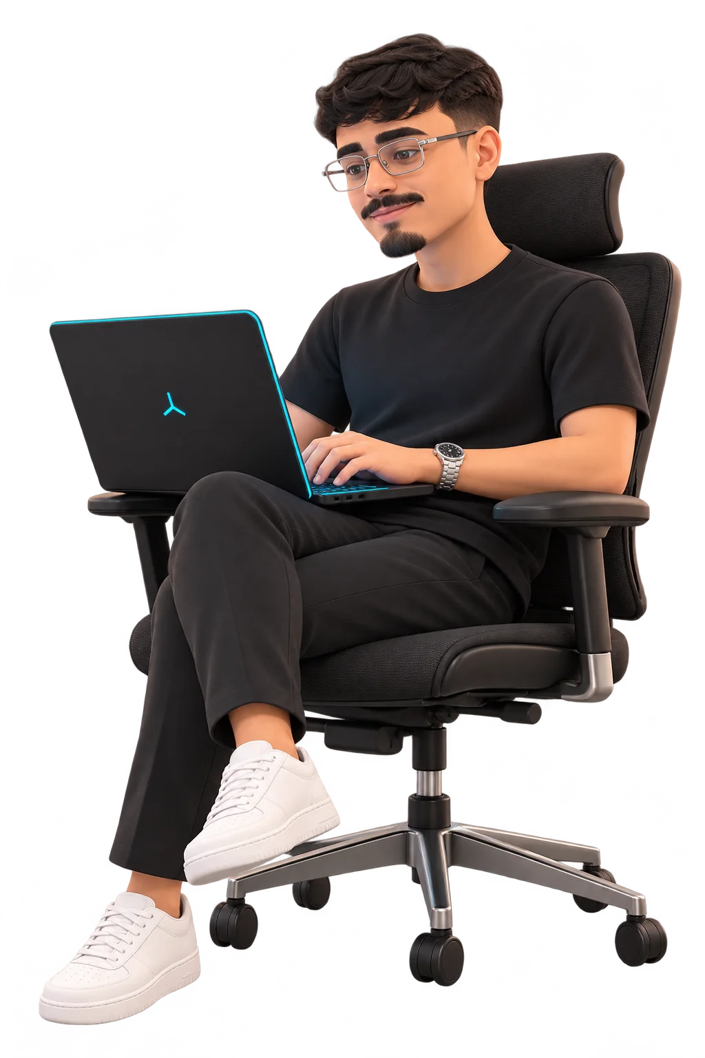 Franco Maia em 3D, trabalhando no notebook numa cadeira de escritório
