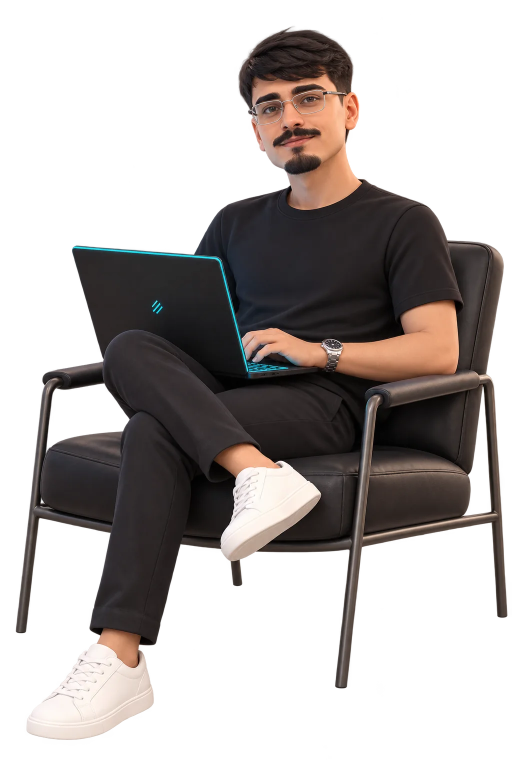 Franco Maia em 3D, sentado numa poltrona com o notebook